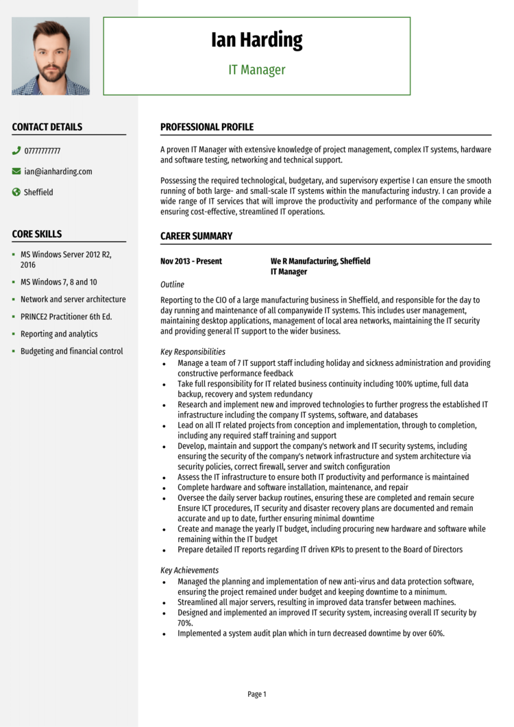 IT Manager CV-1 IT Manager CV