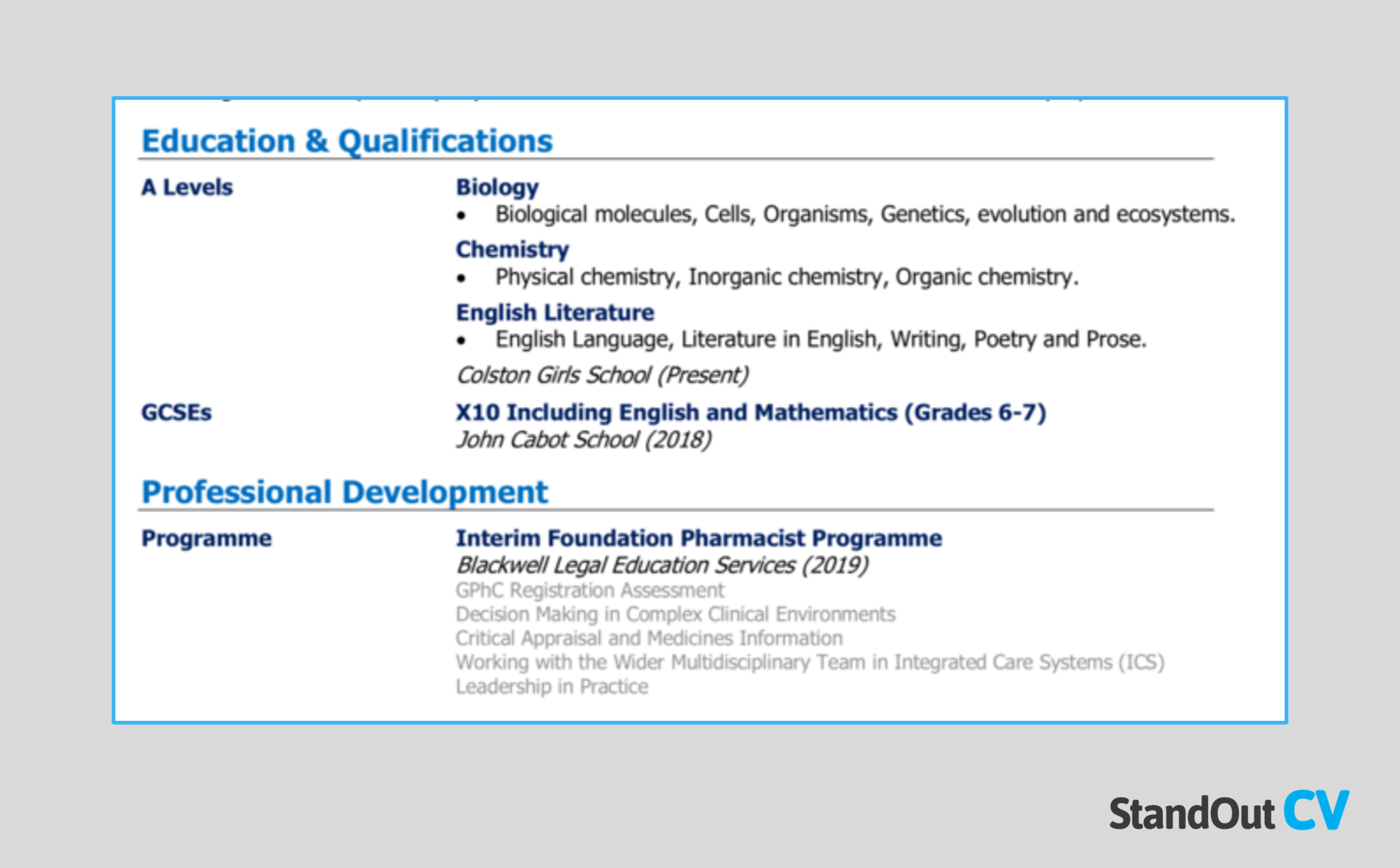 CV education section for college leaver
