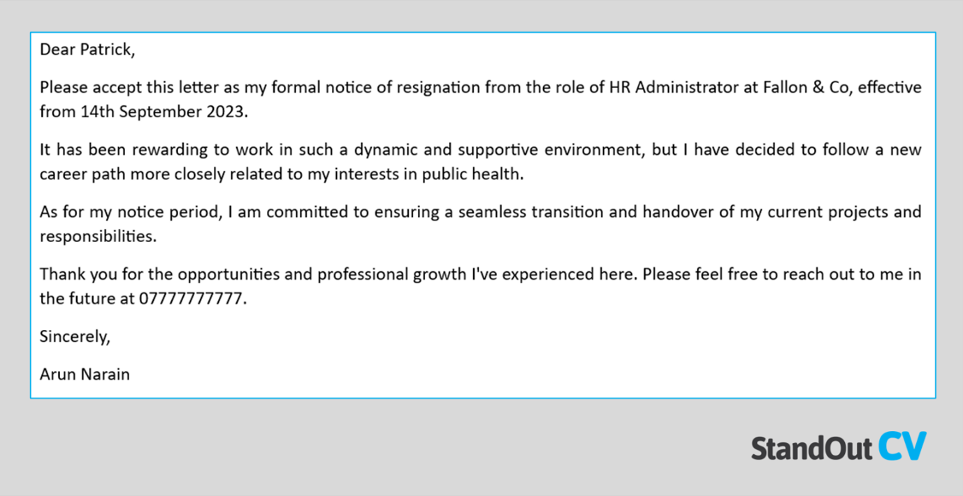 Example resignation letter